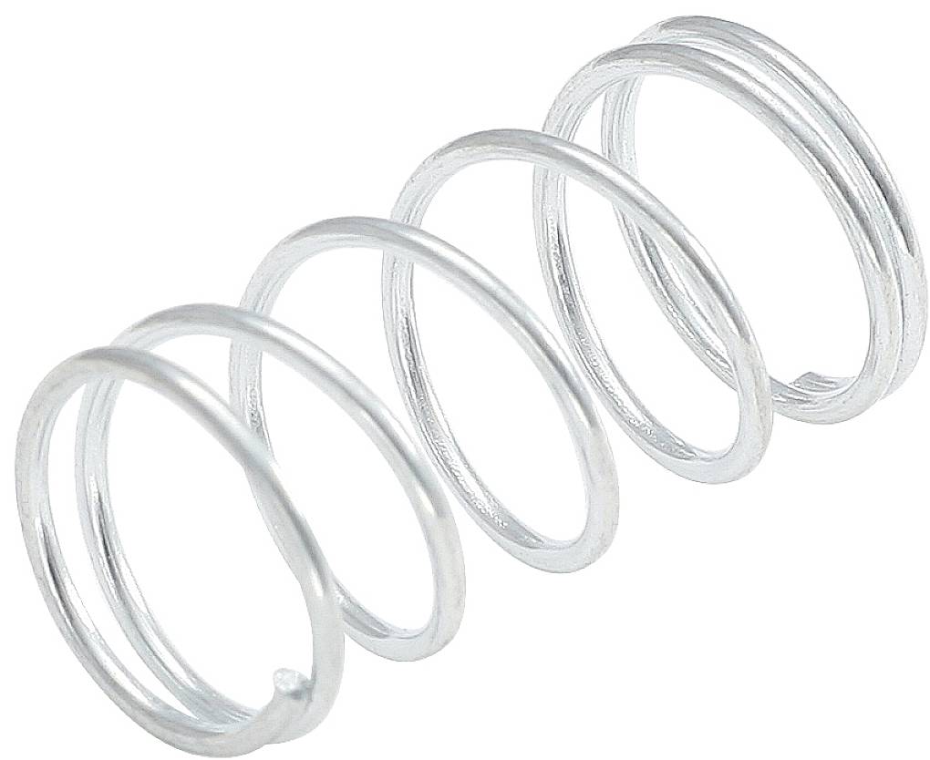 Een zilveren metalen spiraalveer die naar rechts draait, voor een neutrale achtergrond.