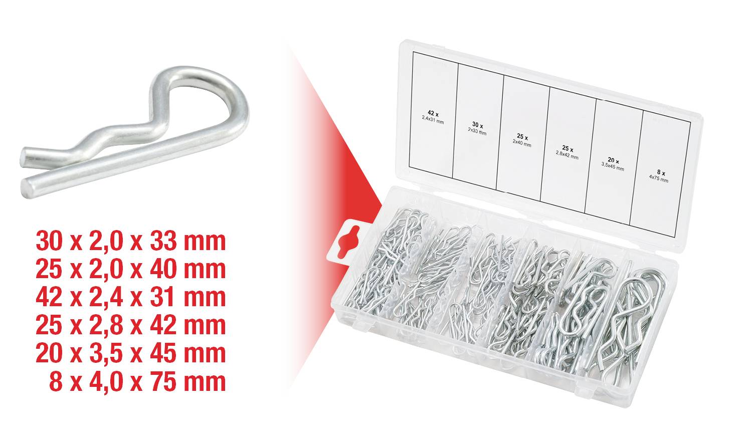 Assortimentsdozen met verschillende veiligheidspennen: 30 x 2,0 x 33 mm, 25 x 2,0 x 40 mm, 42 x 2,4 x 31 mm, 25 x 2,8 x 42 mm, 20 x 3,5 x 45 mm, 8 x 4,0 x 75 mm.