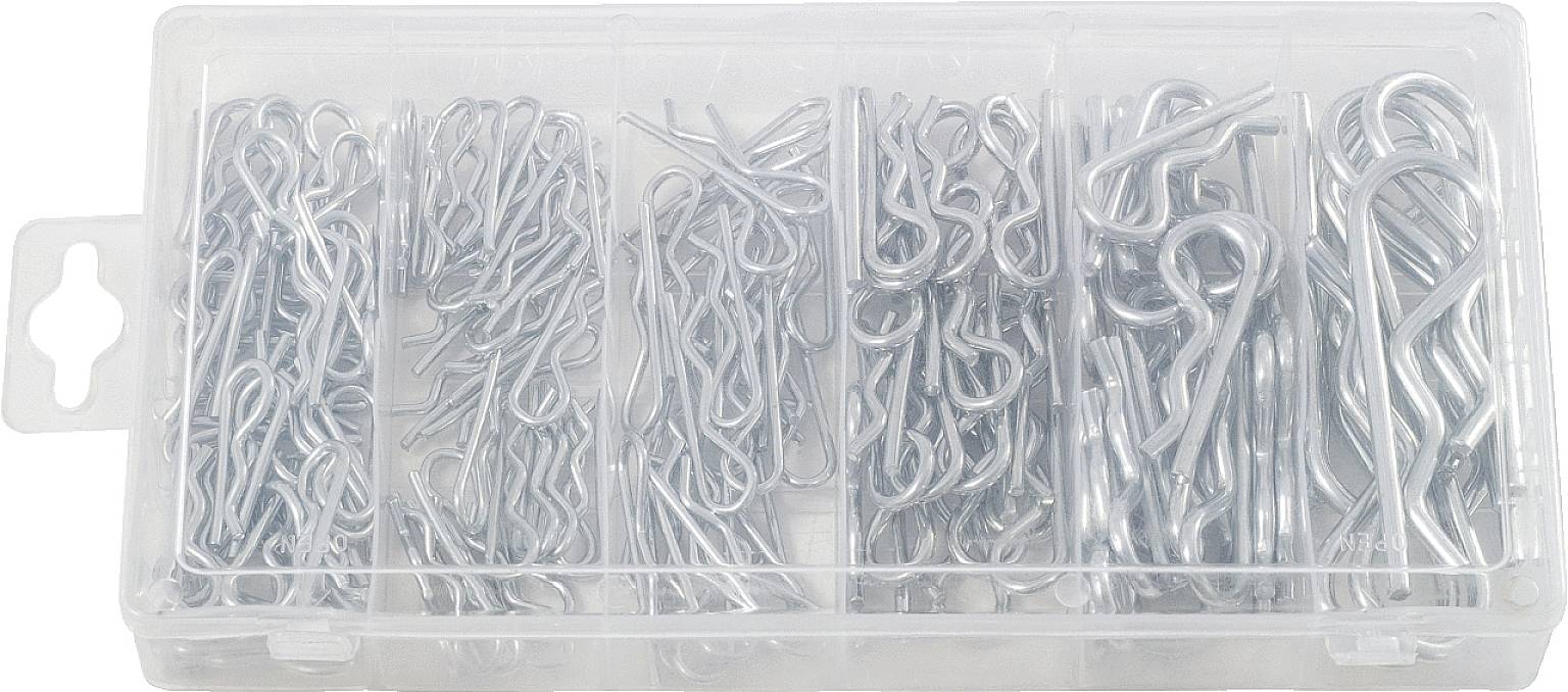Plastic doos met verschillende zilveren splitpennen in meerdere vakken.