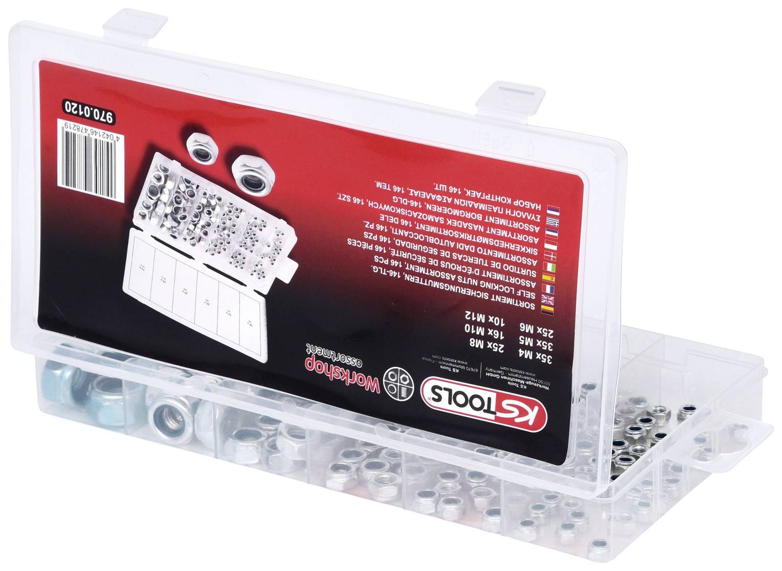 Een transparante plastic doos met metalen moeren in verschillende maten, geëtiketteerd met 'KS Tools' en maataanduidingen aan de binnenkant.