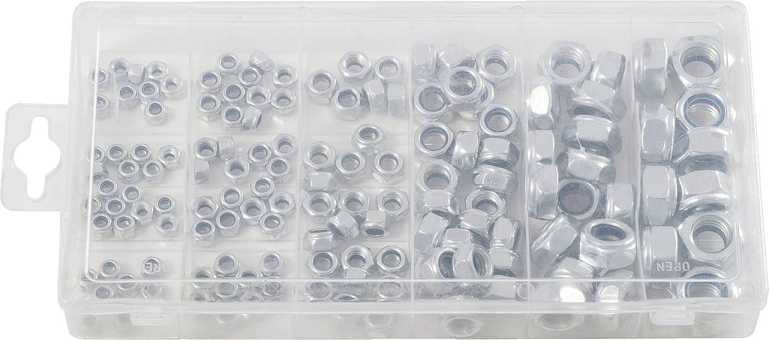 Een plastic doos met verschillende maten zeskantmoeren van zilver, onderverdeeld in aparte compartimenten.