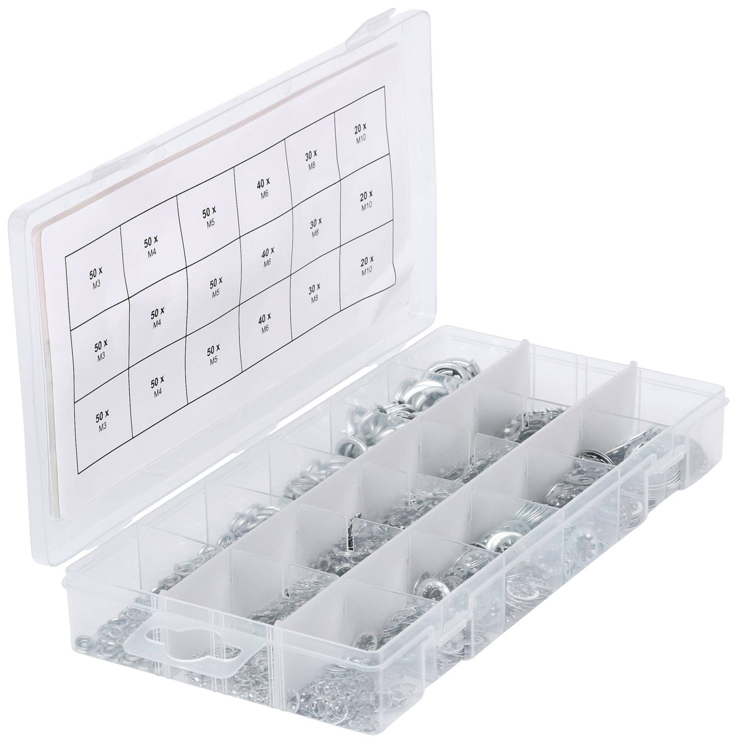 Geopende plastic doos met transparante vakjes die verschillende schroeven en moeren bevatten. Een etiket op het deksel toont afmetingen en hoeveelheden.