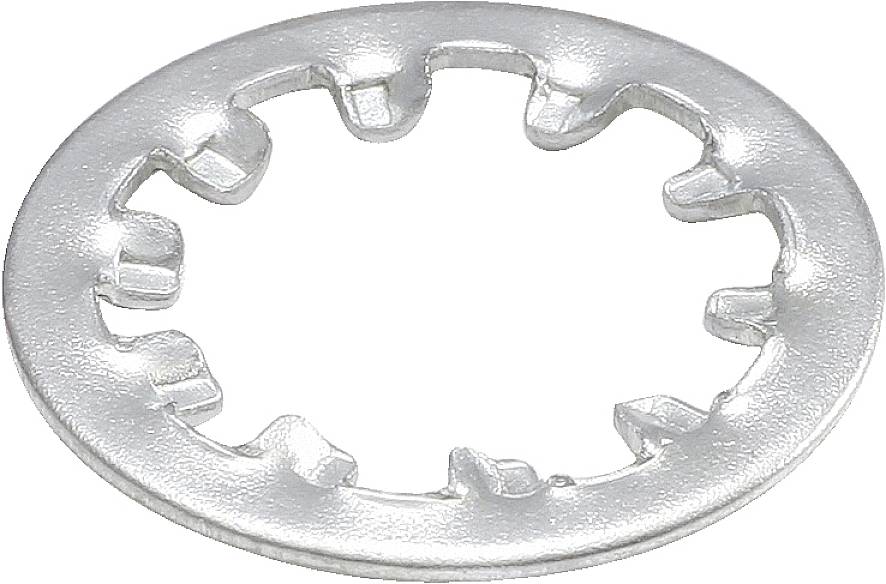 Metalen borgschijf met getande binnenzijde om het draaien of losraken van een schroef te voorkomen.