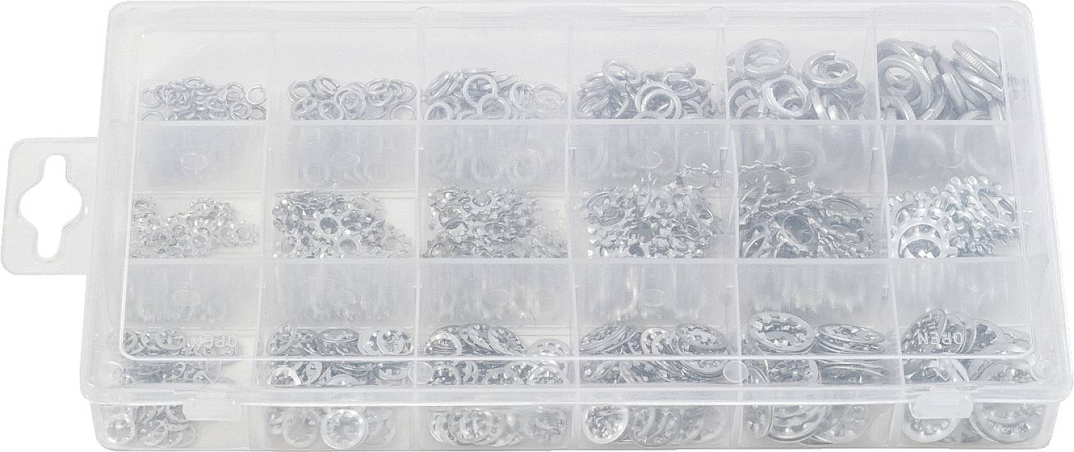 Een plastic container met talrijke kleine, zilveren sluitringen in verschillende maten, georganiseerd in 18 compartimenten.