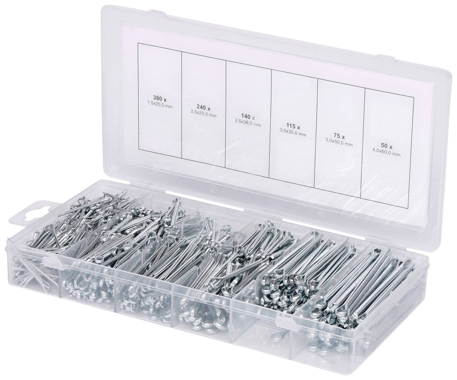 Een geopende kunststof doos met verschillende soorten schroeven in aparte compartimenten. Bovenop het deksel staan de maten en hoeveelheden van de schroeven vermeld.