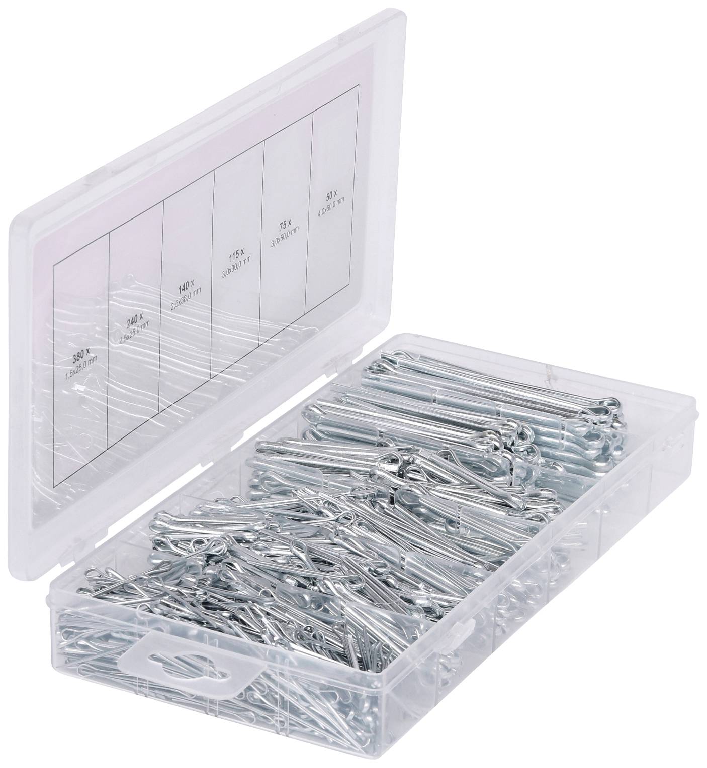 Plastic opbergdoos met geopend deksel, gevuld met gesorteerde metalen splitpennen in verschillende afmetingen, herkenbaar door gescheiden vakken.