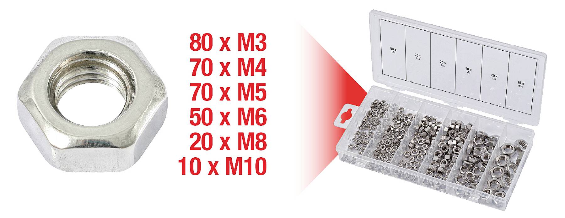 Zeskantmoer-set met 300 moeren in verschillende maten: 80 x M3, 70 x M4, 70 x M5, 50 x M6, 20 x M8, 10 x M10.