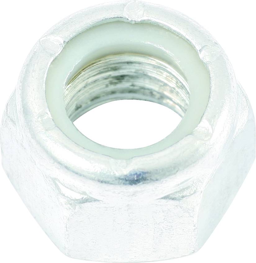 Een zeskante moer met een witte kunststof binnenring voor het beveiligen van verbindingen in machines of bouwprojecten.