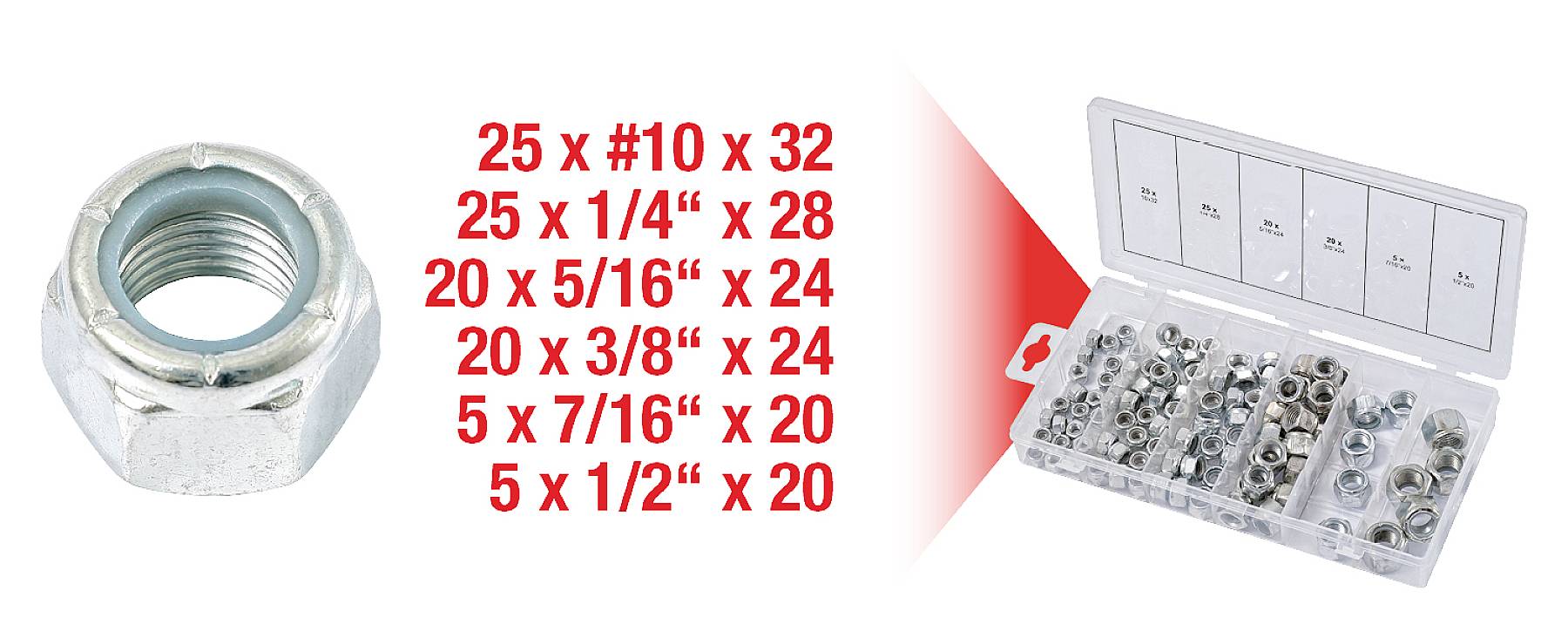 Een assortiment moeren met draadmaten opgesomd: 25 x #10 x 32, 25 x 1/4" x 28, 20 x 5/16" x 24, 20 x 3/8" x 24, 5 x 7/16" x 20, 5 x 1/2" x 20, in een doos.