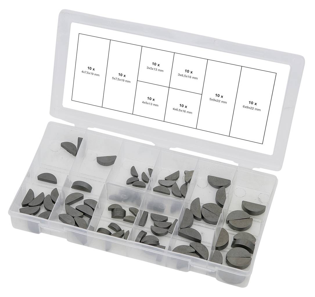 Een transparante kunststof doos met verschillende wiggen in vakken. Het etiket bovenaan toont de afmetingen van de meegeleverde wiggen.