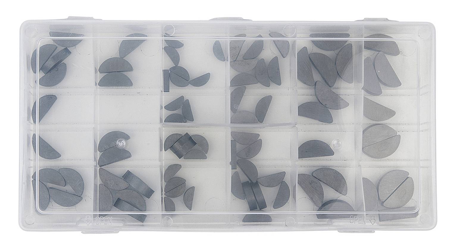 Een kunststof doos met vakken, gevuld met verschillende vormen van grijze metalen plaatjes; waarschijnlijk sluitringen.