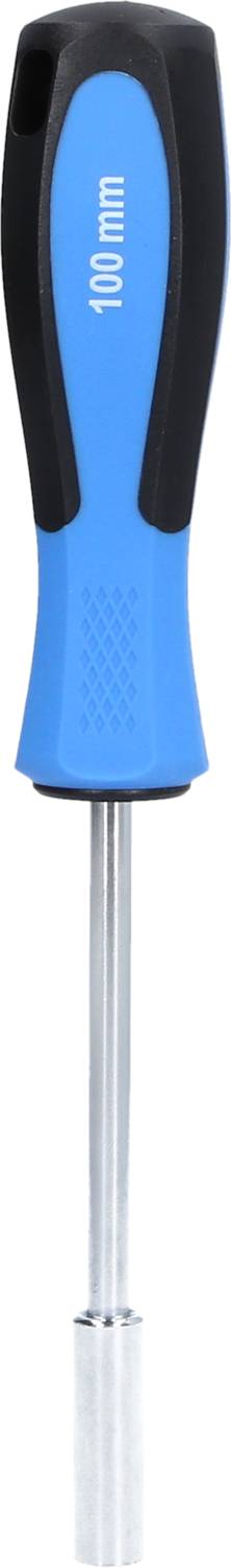 Blauwe schroevendraaier met zwarte handgreep en opschrift '100 mm' op de handgreep.