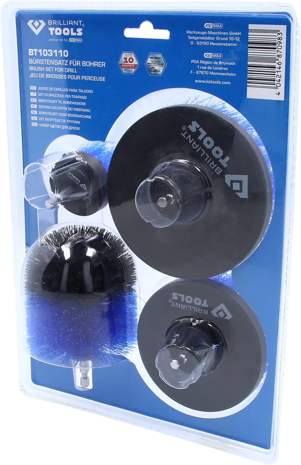 Borstelset voor boormachine van Brilliant Tools, bestaande uit vier borstels van verschillende formaten op een blauwe verpakking.