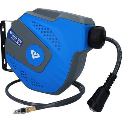 Een blauwe, automatische slanghaspel met een zwarte slang en bevestiging. Gebruikt voor tuin- of werkplaatsapplicaties.