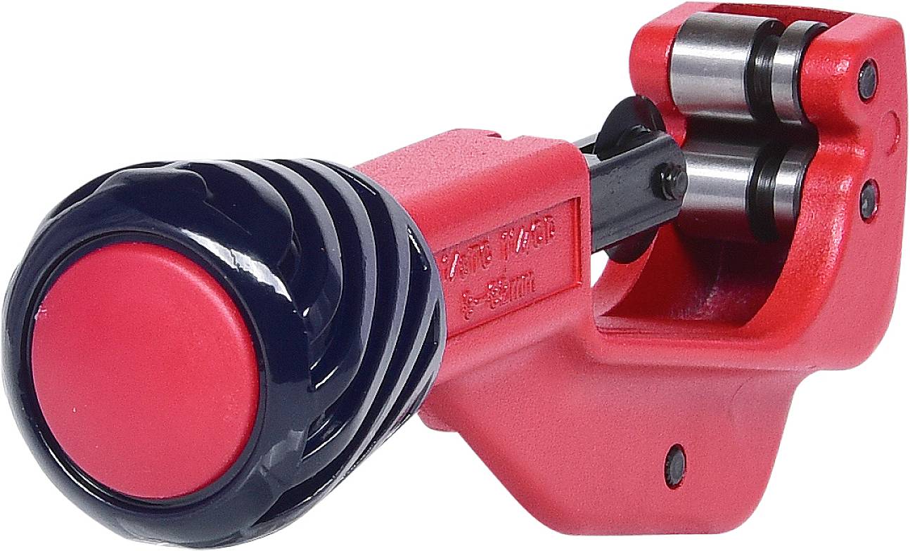 Een rood buizensnijgereedschap met een rond zwart handvat, geschikt voor het snijden van metalen buizen in verschillende maten.