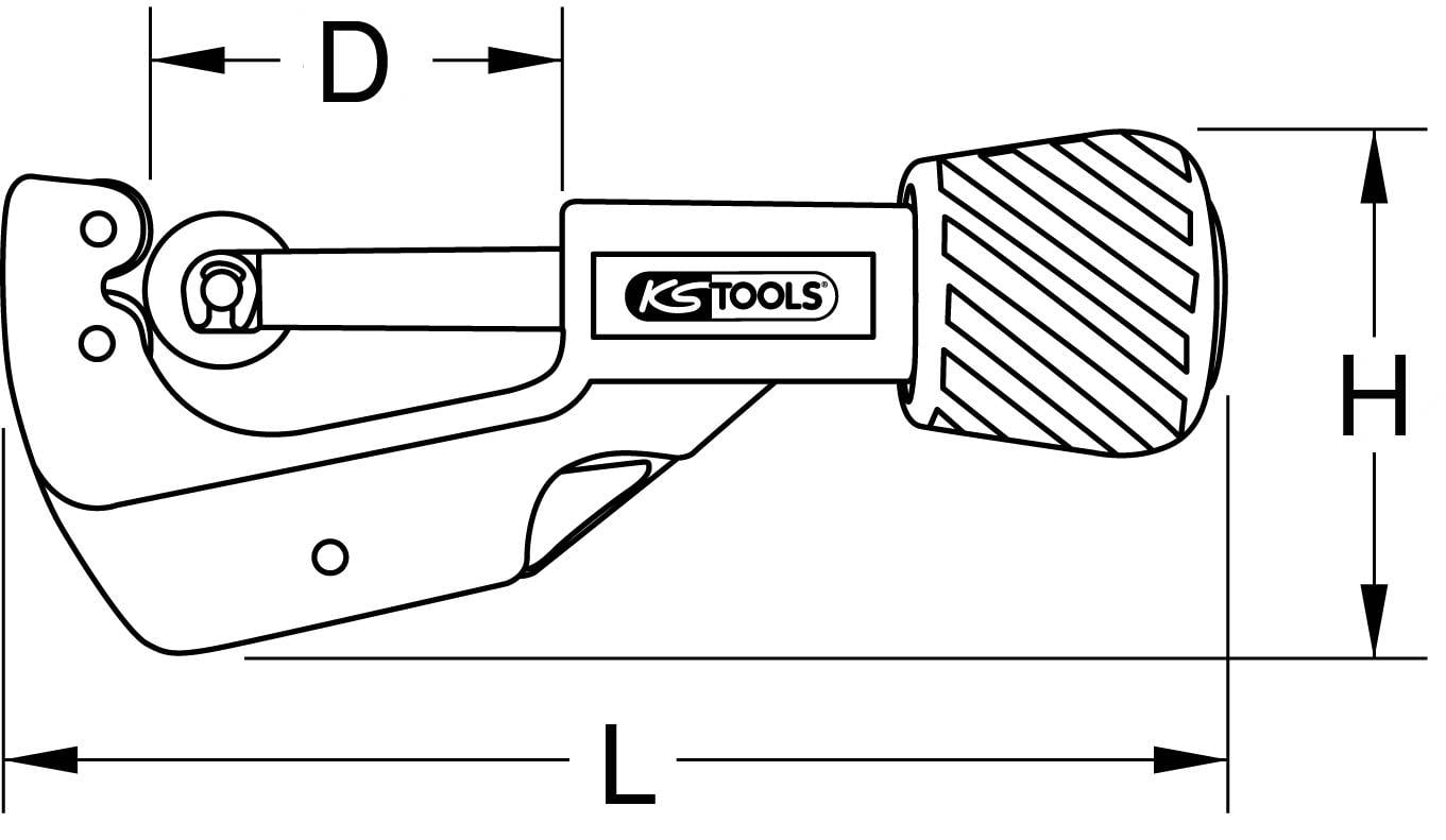 'Buissnijder met handgreep; gemarkeerd met KS TOOLS-logo; maataanduidingen: H voor hoogte, L voor lengte, D voor diameter.'
