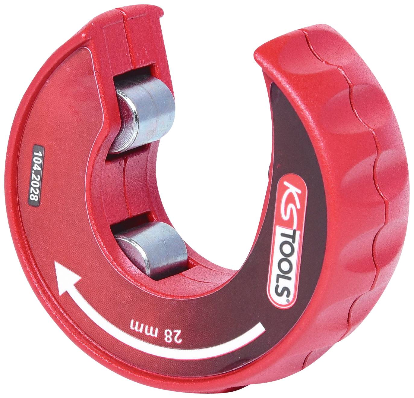 Rood buizensnijgereedschap met de opdruk '28 mm' en 'KG Tools'. Gebruikt voor het nauwkeurig snijden van buizen met een diameter tot 28 mm.