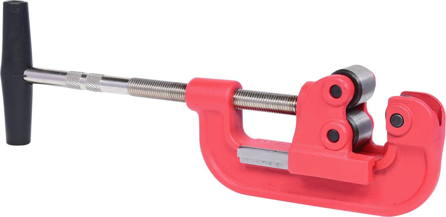 Rood buizensnijtool met zwarte handgreep, geschikt voor het snijden van metalen buizen in verschillende afmetingen.