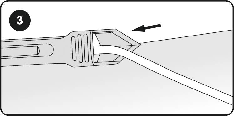 Illustratie toont een gereedschap dat een kabel doorsnijdt. Een pijlmarkering wijst naar de plek waar de doorsnede wordt gemaakt.