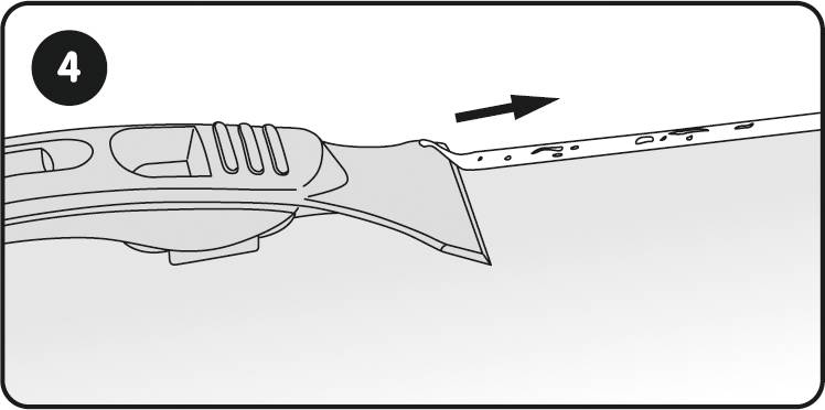 De afbeelding toont een scheermes van opzij met een pijl die beweging langs de kling aangeeft.