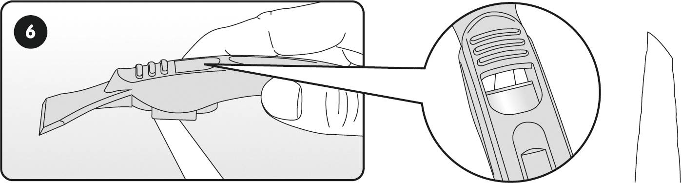 '6: Stap voor lemvergrendeling' toont een hand die een lemmet vasthoudt. Een close-upfoto laat een gegolfd schuifmechanisme voor beveiliging zien.