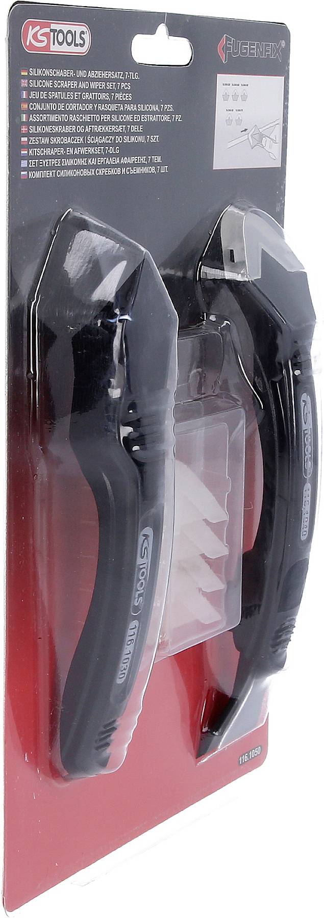 Twee zwarte siliconen voegstrijkers van het merk KS Tools, verpakt in een transparante blisterverpackung met rode achtergrond.