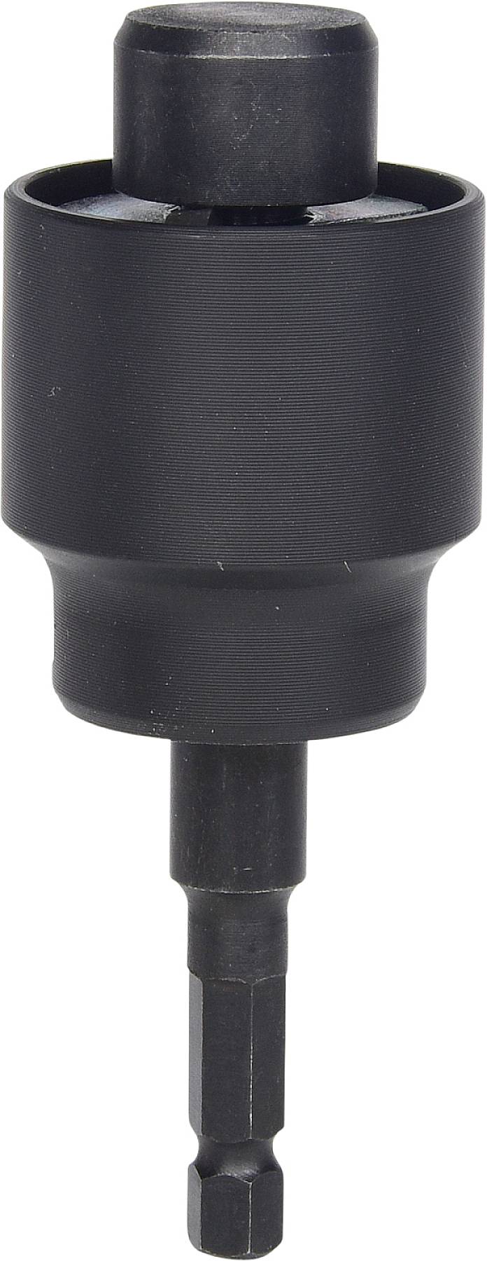 Een zwarte metalen booradapter met zeskantschacht, geschikt voor boormachines en schroevendraaiers, voor het bevestigen van verschillende opzetstukken.