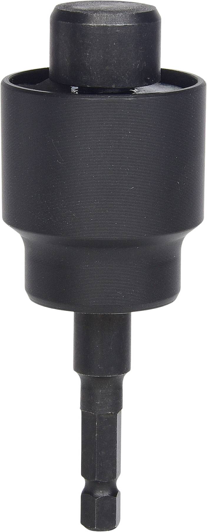 Zwarte gatenzaag-adapter met zeskante aansluiting, geschikt voor bevestiging in boormachines voor nauwkeurig boren.