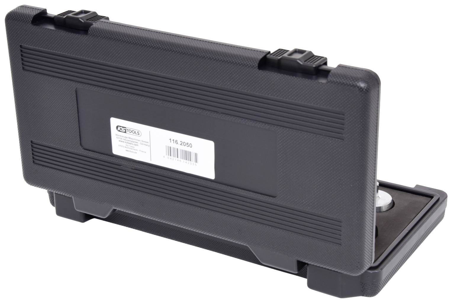Zwart hardplasticbehuizing met sluitingen. Bevat een meetinstrument, zichtbaar door het open onderste gedeelte.