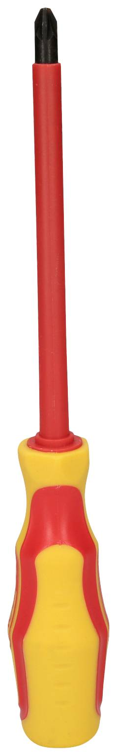 Een schroevendraaier met een rode handgreep en gele accenten. De punt is zwart. Hoofdgereedschap voor het vastdraaien van schroeven.