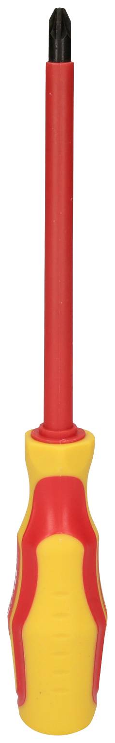 Een schroevendraaier met een rood en geel handvat en een zwarte kruiskoppunt.