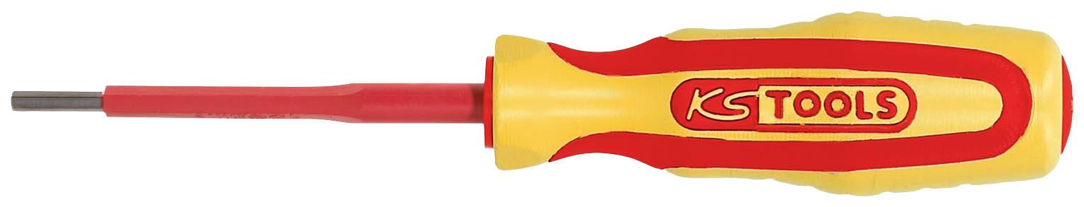 Een schroevendraaier met een geel-rode handgreep en de opdruk 'KS TOOLS', geschikt voor precisiewerk, geïsoleerd voor veiligheidsdoeleinden.