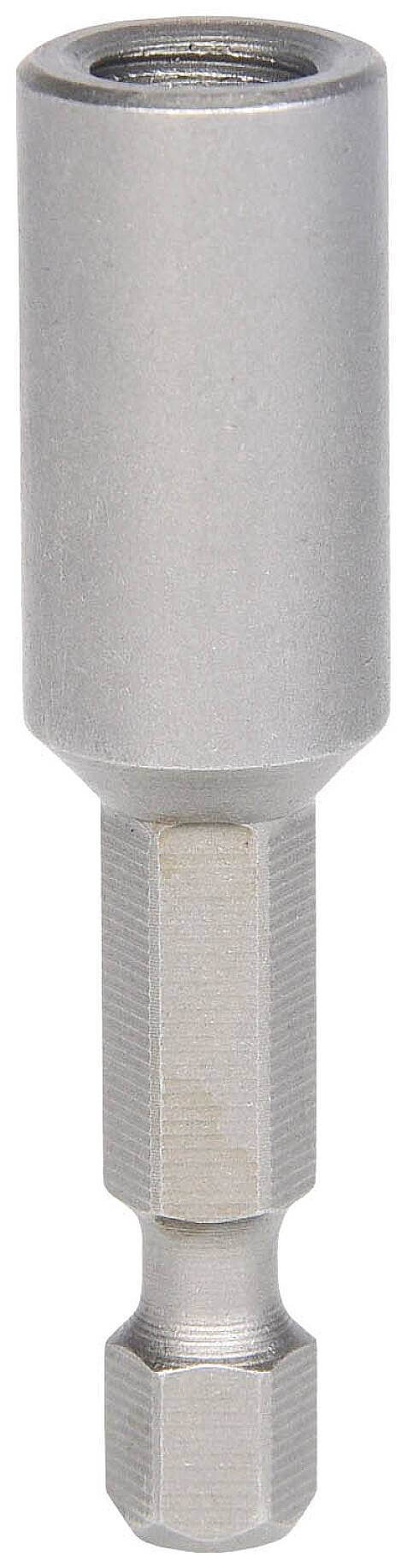 Een zilveren metalen schroevenbit, cilindrisch van vorm met een zeskante schacht, vermoedelijk geschikt voor elektrische schroevendraaiers of handmatige schroevendraaiers.