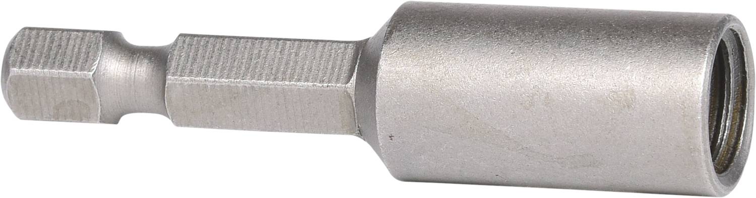 Metalen dopsleutelopzetstuk in cilindrische vorm, gebruikt voor het indraaien van schroeven of moeren met een elektrisch gereedschap.