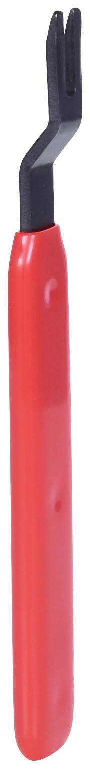 Een rood gereedschap met een zwart, gebogen uiteinde dat eruitziet als een vork met twee tanden, mogelijk een speciaal gereedschap.