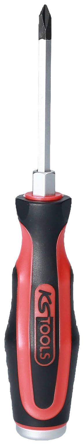 Een kruiskopschroevendraaier met een rood en zwart handvat, vooraan een smalle punt, geschikt voor kruiskop schroefkoppen.