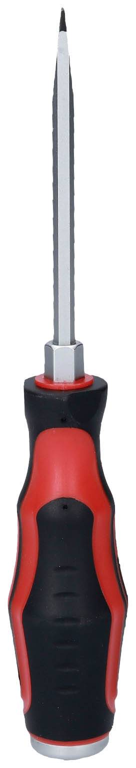Een schroevendraaier met een rood en zwart handvat, gericht verticaal omhoog, op een witte achtergrond.