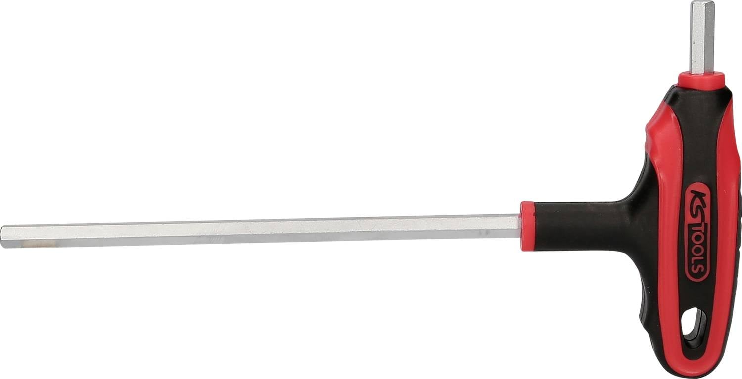 T-vormige zeskantsleutel met rood en zwart handvat en lange zilveren steel, voor ambachtelijk werk.