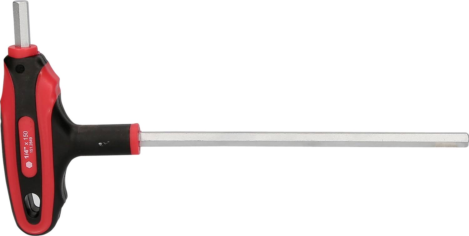 T-Greep-Schroevendraaier met lange zeskantschacht, zwarte en rode handgreep voor verbeterde grip. Gereedschap voor bevestiging.