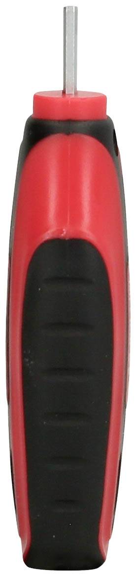 Een rood-zwarte schroevendraaier met ergonomische handgreep, verticaal neergezet.