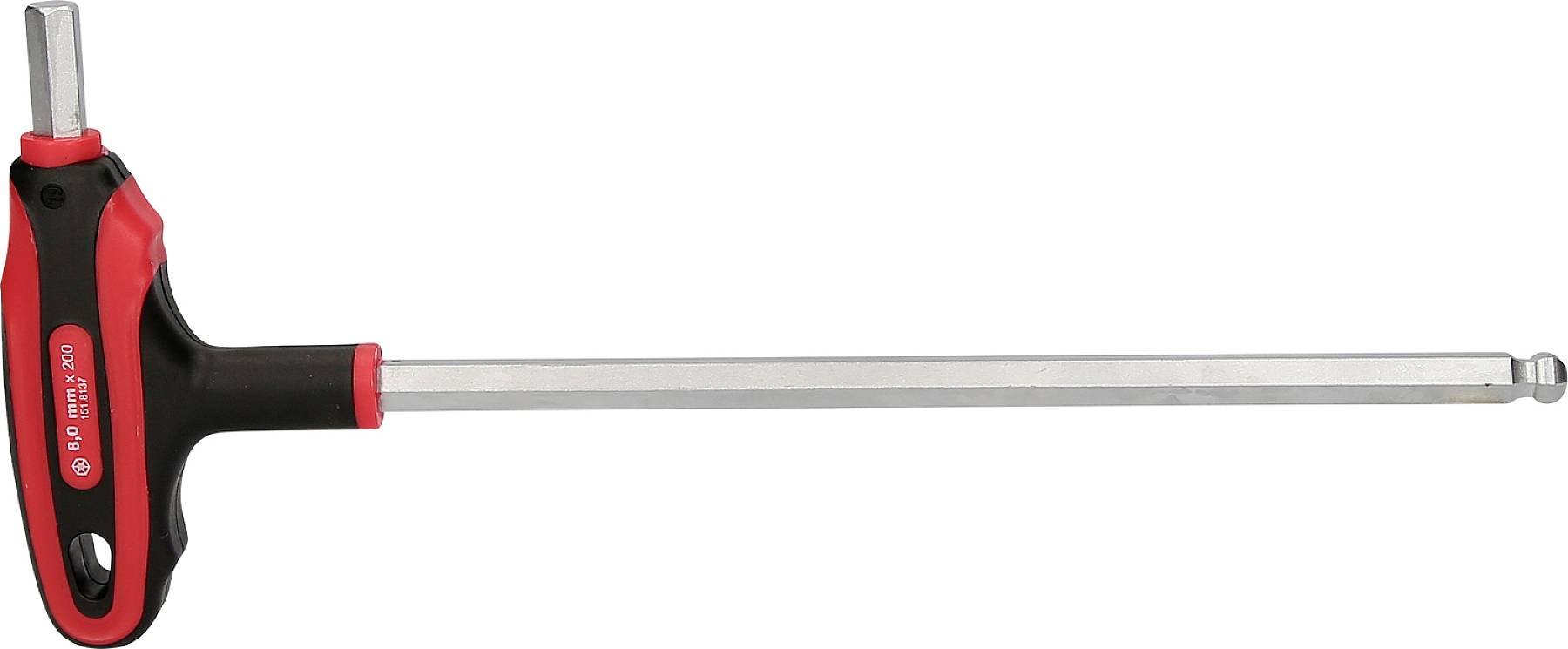 T-vormige zeskantsleutel met rode en zwarte handgreep, lange zilveren steel, geschikt voor verschillende schroefwerkzaamheden.