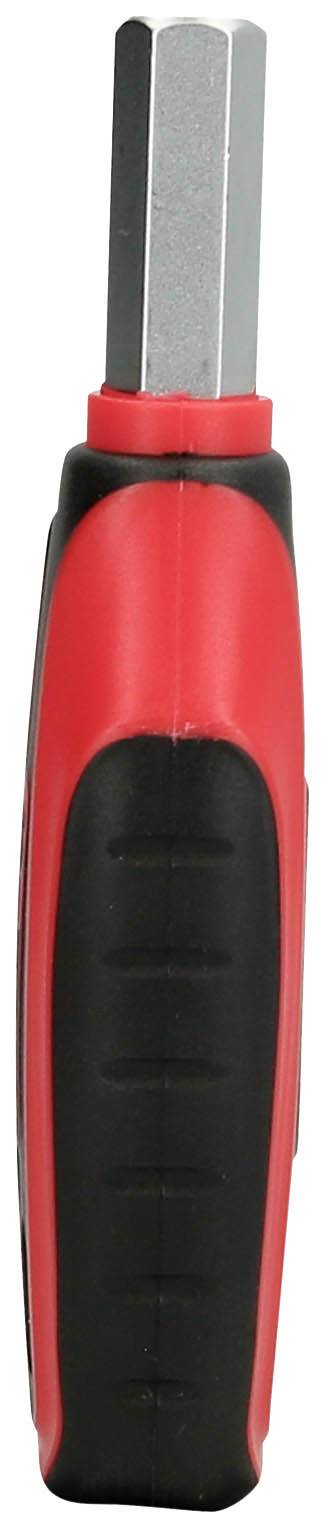 Rood-zwarte schroevendraaier met ergonomische handgreep, zeskante metalen kop. Voornamelijk geschikt voor doe-het-zelfwerkzaamheden.