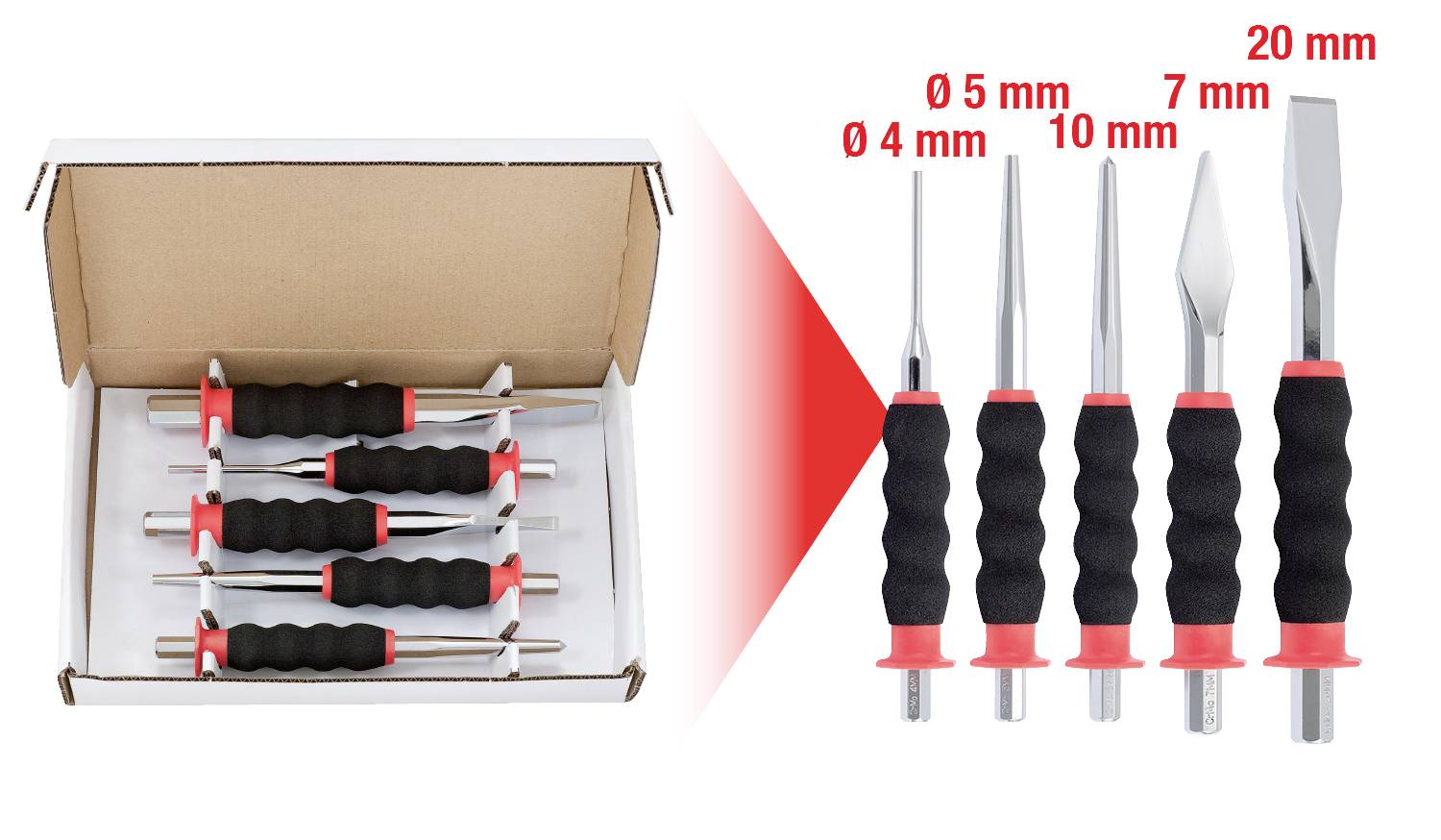 'Een set van vijf steekbeitels in een open doos, met rubberen handgrepen en messen in verschillende breedtes: 4 mm, 5 mm, 7 mm, 10 mm en 20 mm.'