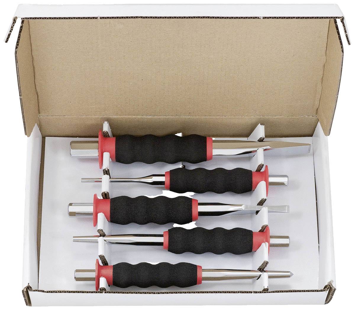 Een set van vijf verschillende beitels met rood-zwarte handgrepen in een open kartonnen doos.