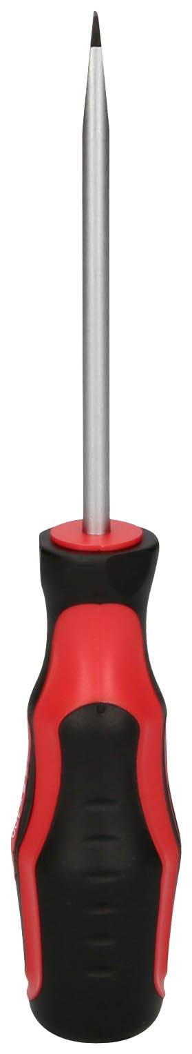 Een rood-zwarte schroevendraaier met kunststof handvat, met de punt naar boven gericht.