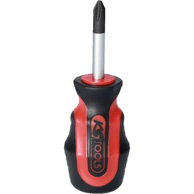Een rode en zwarte kruiskopschroevendraaier met ergonomisch gevormde greep voor een betere grip, rechtop staand.