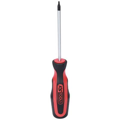Een rode en zwarte schroevendraaier met een ergonomische greep en een platte punt, geschikt voor verschillende doe-het-zelf werkzaamheden.