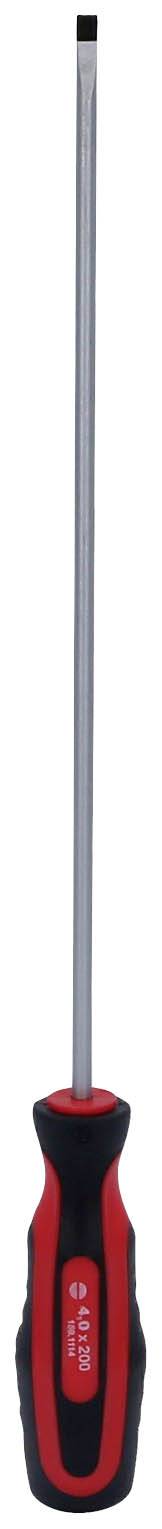 Een lange schroevendraaier met een rood en zwart handvat ligt verticaal, geschikt voor fijne werkzaamheden of moeilijk bereikbare plaatsen.