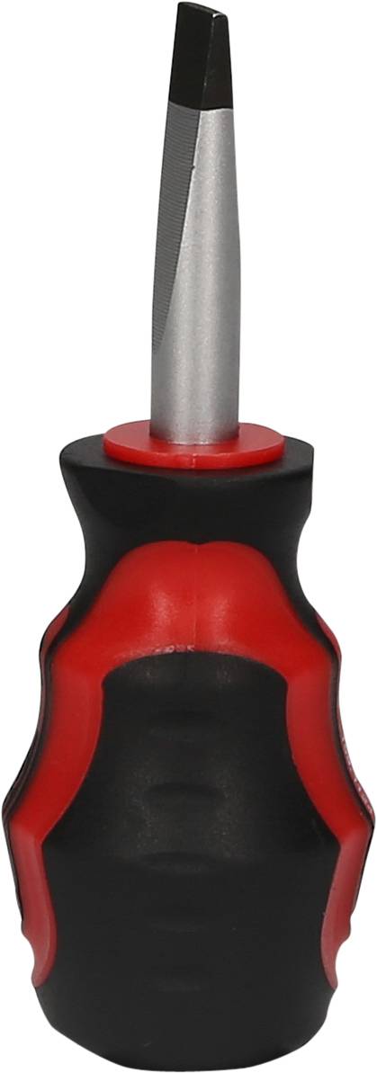 Een zwart-rode schroevendraaier met ergonomische handgreep, geschikt voor sleufschroeven. Belangrijkste gereedschap voor kluswerkzaamheden.