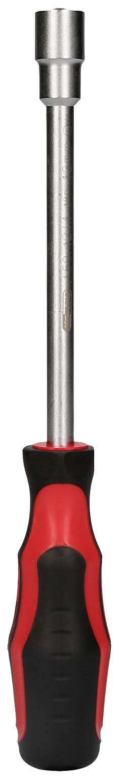 Schroevendraaier met zwarte en rode handgreep, lange metalen steel, geschikt voor schroeven met zeskantbinnenzeskant.